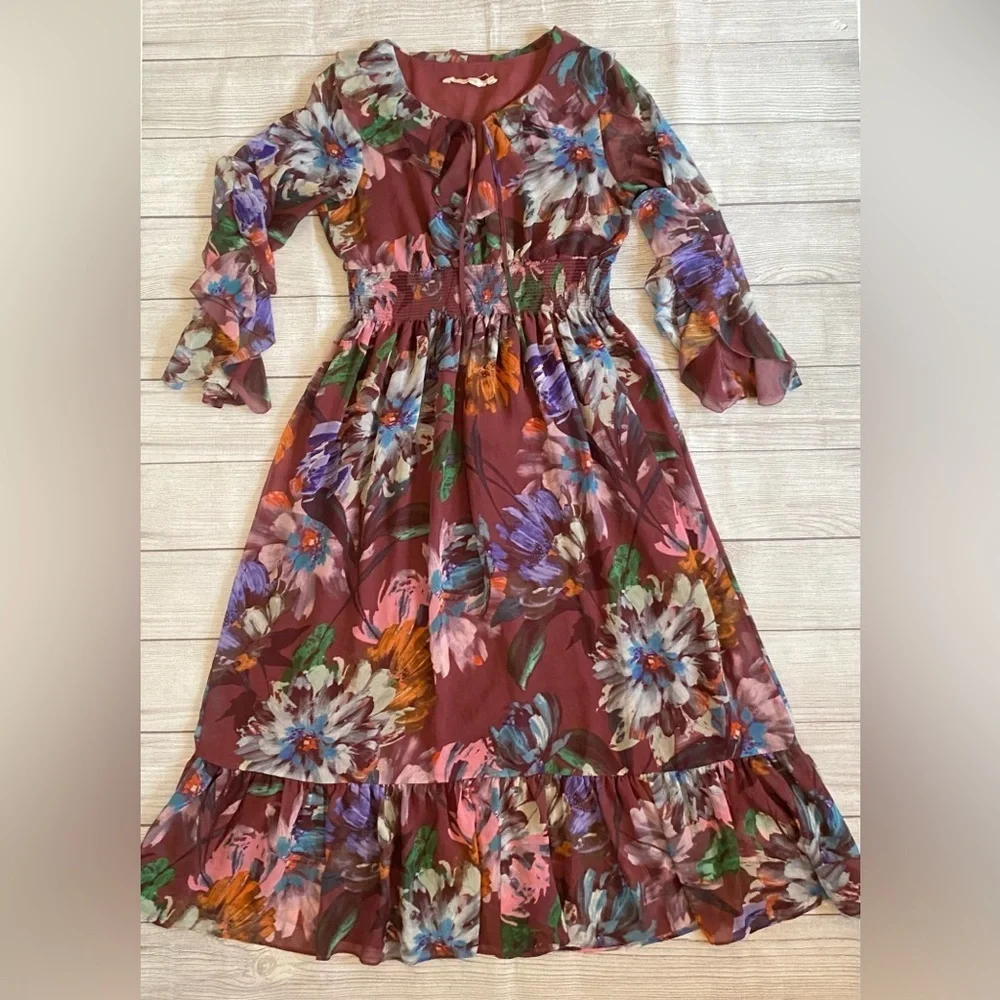 Soft Surroundings Fiore Rosa Merlot Floral Ruffled 3/4 Sleeve Tiered Maxi Dress - Picture 3 of 8